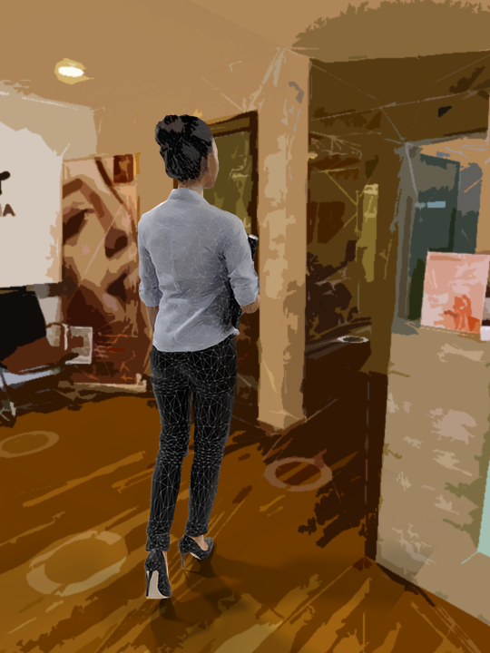 Muestra a una mujer caminando en un ambiente virtual